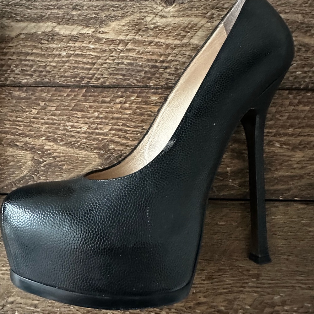 YSL Tribute Too Black Leather Platform High Heel Pumps 38.5